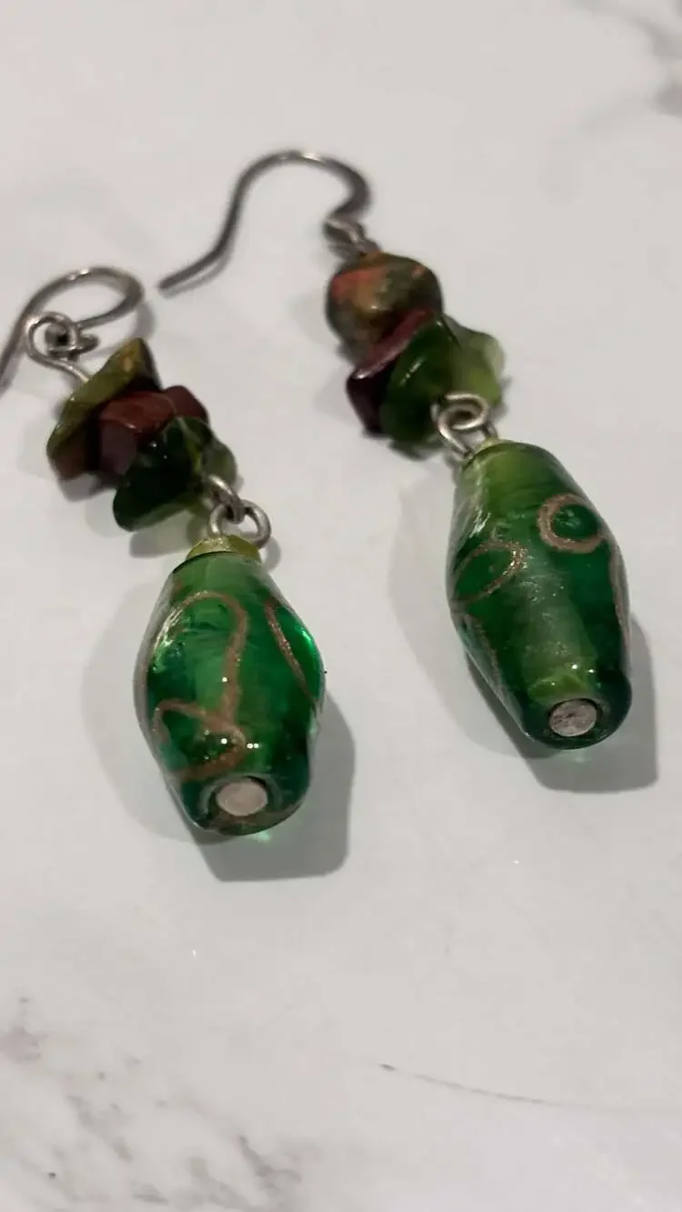 Handcrafted Green Glass Bead Dangle Earrings